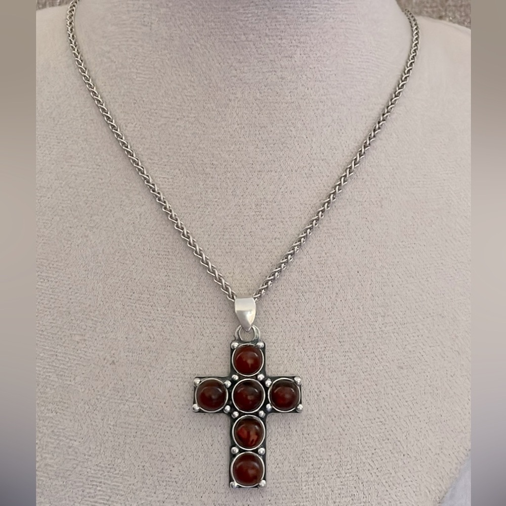 Vintage Baltic Amber cross and necklace 925 Italy sterling silver